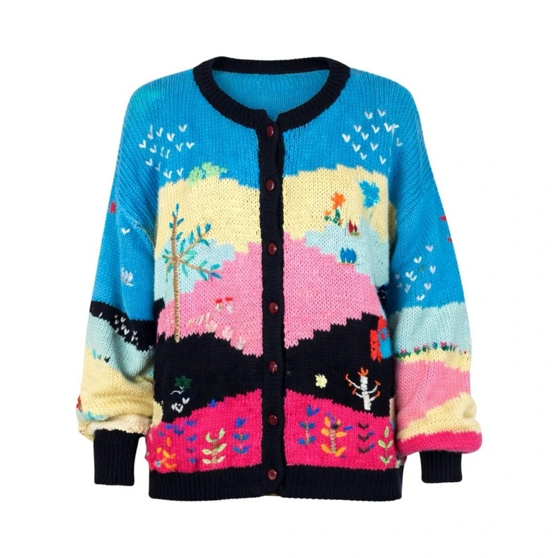 Cardigan vintage anni 70 scena   handmade multicolore con ricami – Taglia M/L