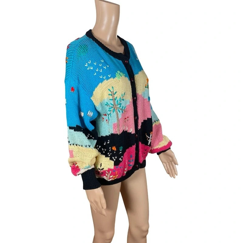 Cardigan vintage anni 70 scena   handmade multicolore con ricami – Taglia M/L