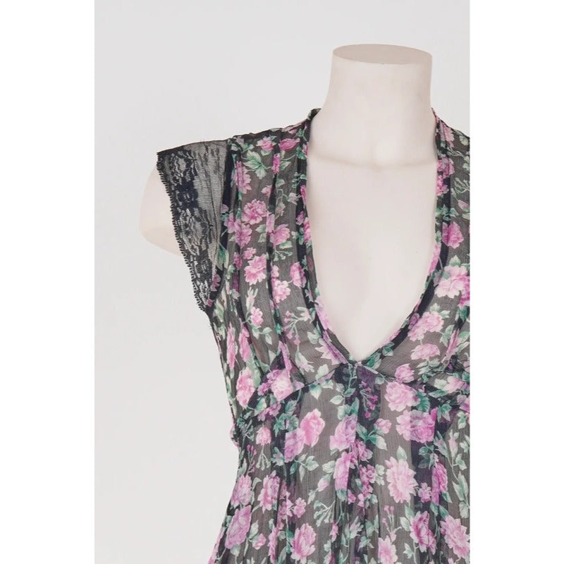 Vestito copricostume floreale seta velata vintage con inserti in pizzo nero S/M