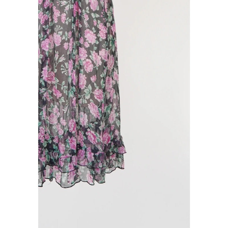 Vestito copricostume floreale seta velata vintage con inserti in pizzo nero S/M