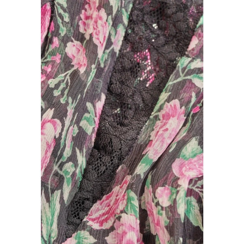 Vestito copricostume floreale seta velata vintage con inserti in pizzo nero S/M