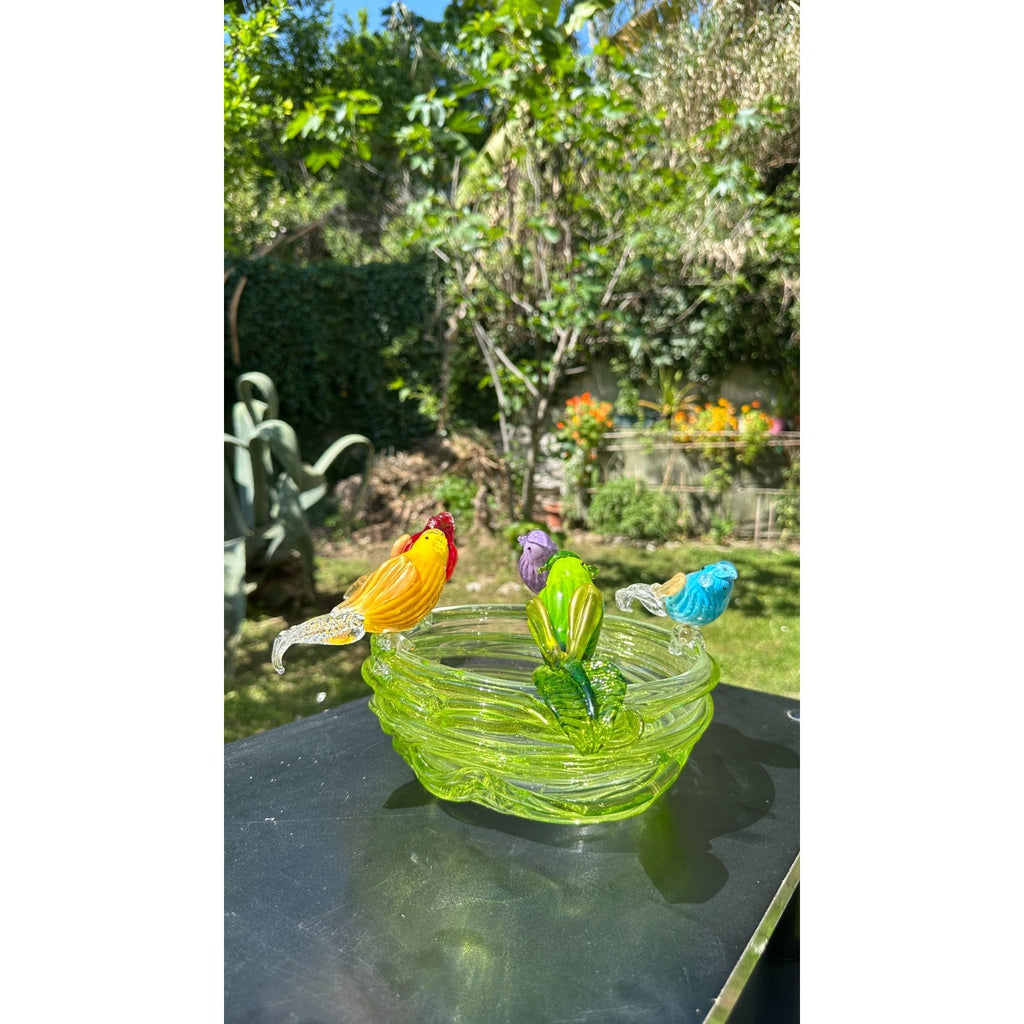 Murano Glass Green Bird Bath /Nest Bowl 5 Multicolor Removable Songbirds