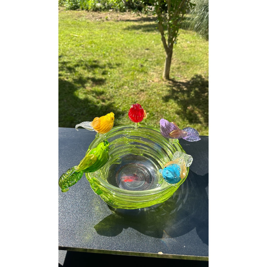 Murano Glass Green Bird Bath /Nest Bowl 5 Multicolor Removable Songbirds