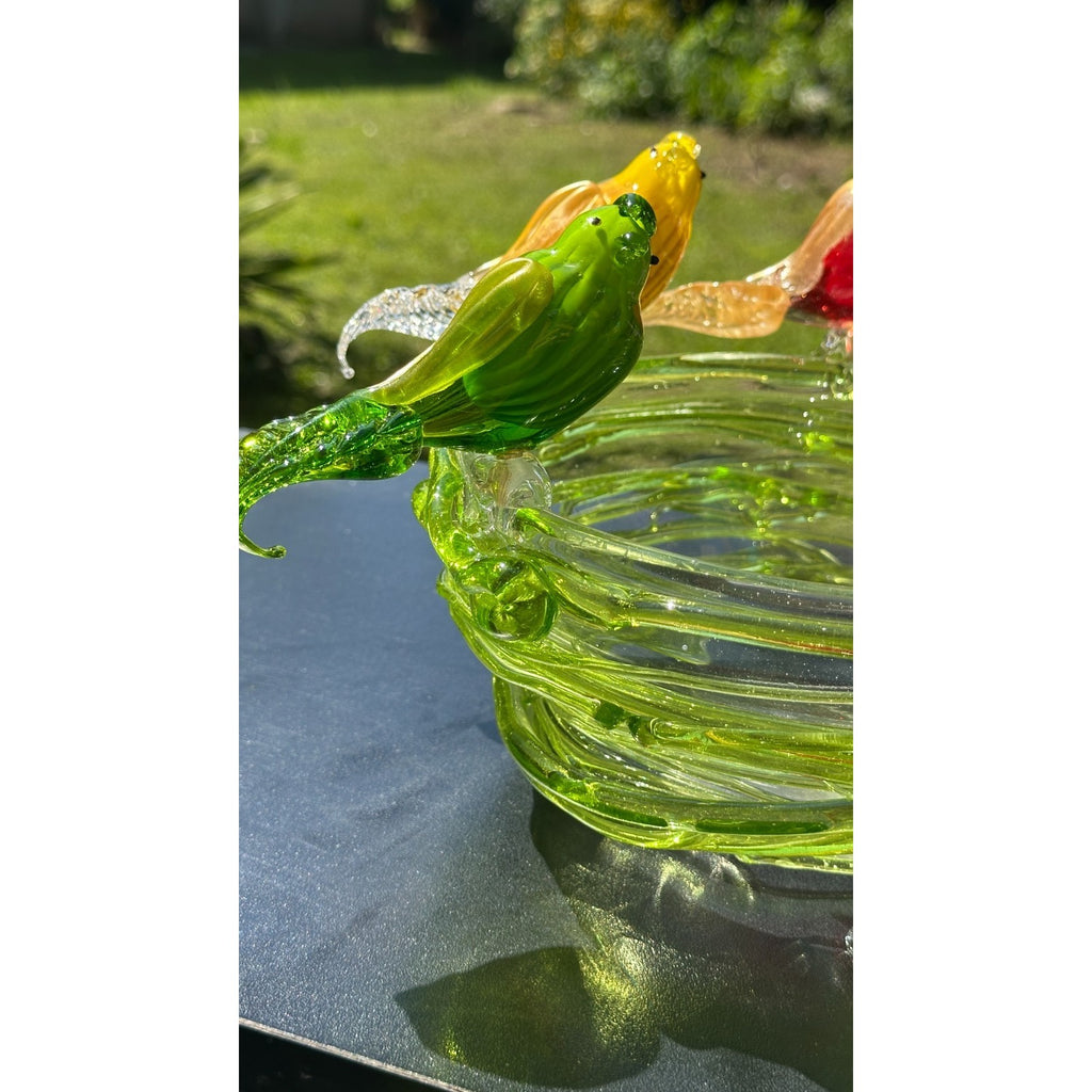 Murano Glass Green Bird Bath /Nest Bowl 5 Multicolor Removable Songbirds