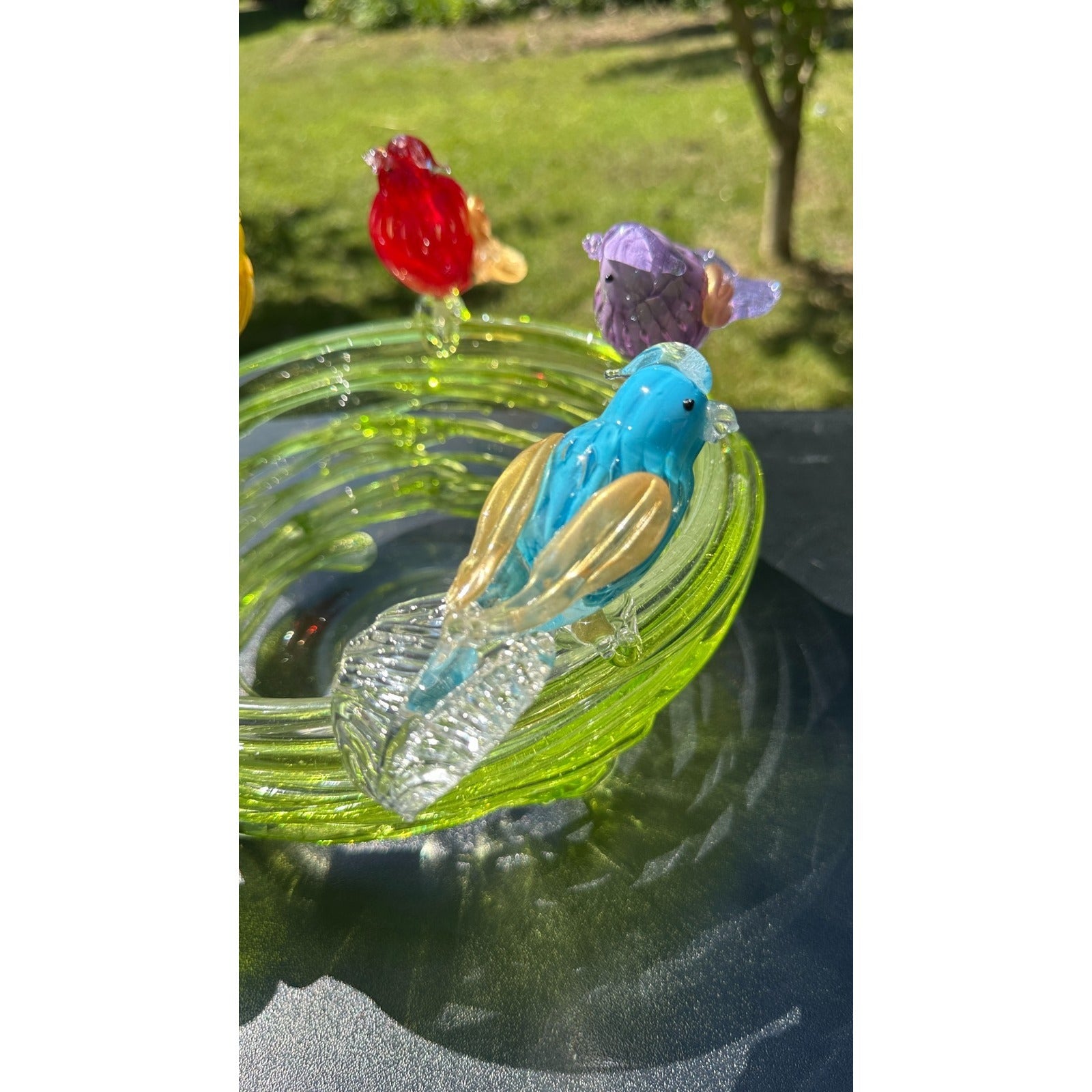 Murano Glass Green Bird Bath /Nest Bowl 5 Multicolor Removable Songbirds