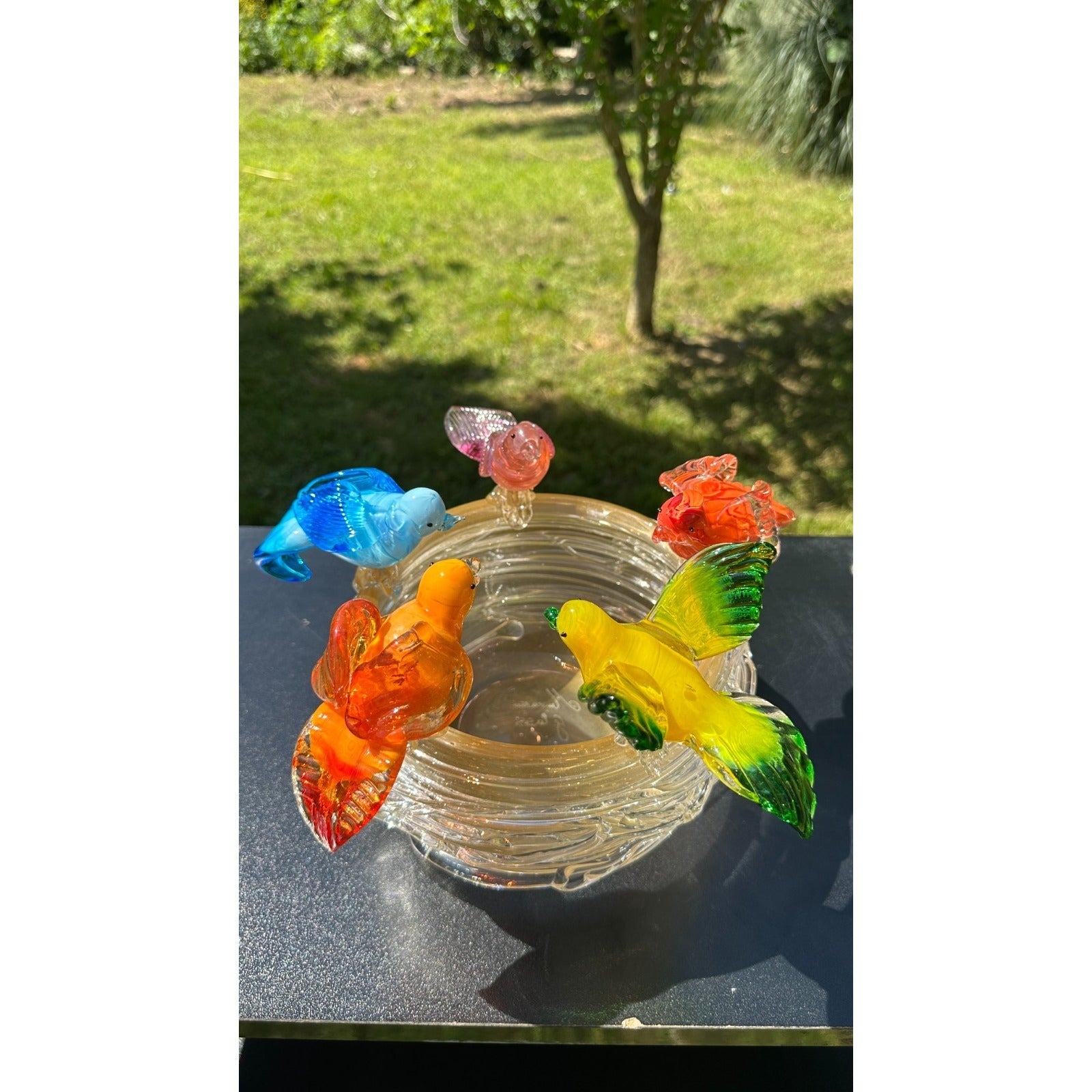 Murano Glass Bird Bath Nest Bowl 5 Multicolor Removable Songbirds Centerpiece
