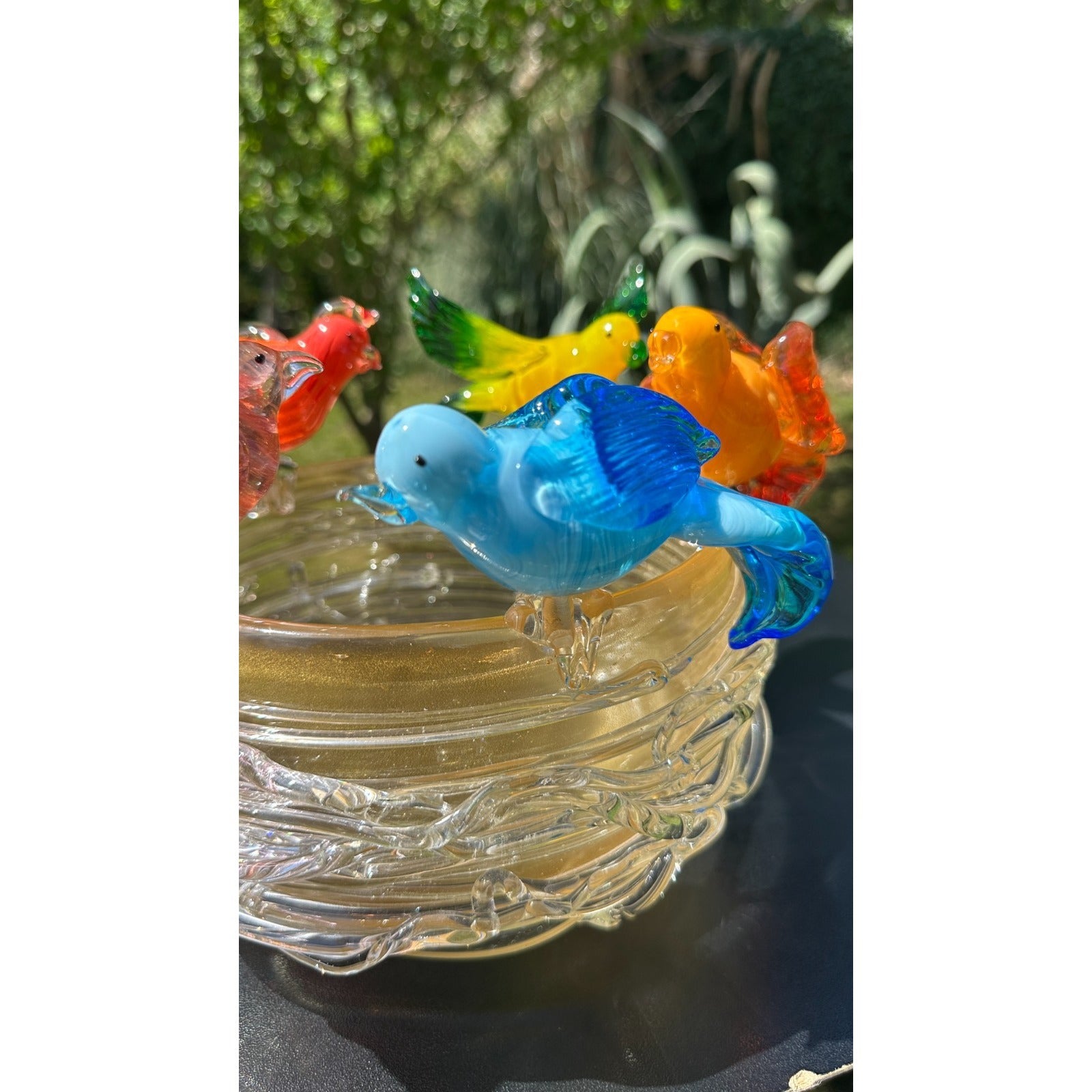 Murano Glass Bird Bath Nest Bowl 5 Multicolor Removable Songbirds Centerpiece