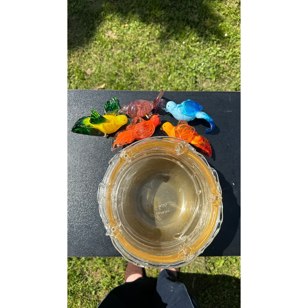 Murano Glass Bird Bath Nest Bowl 5 Multicolor Removable Songbirds Centerpiece