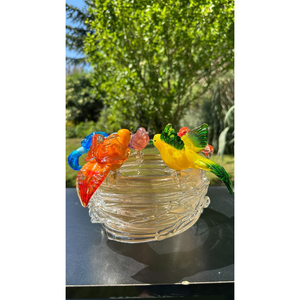 Murano Glass Bird Bath Nest Bowl 5 Multicolor Removable Songbirds Centerpiece