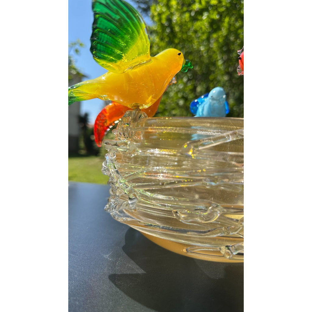 Murano Glass Bird Bath Nest Bowl 5 Multicolor Removable Songbirds Centerpiece