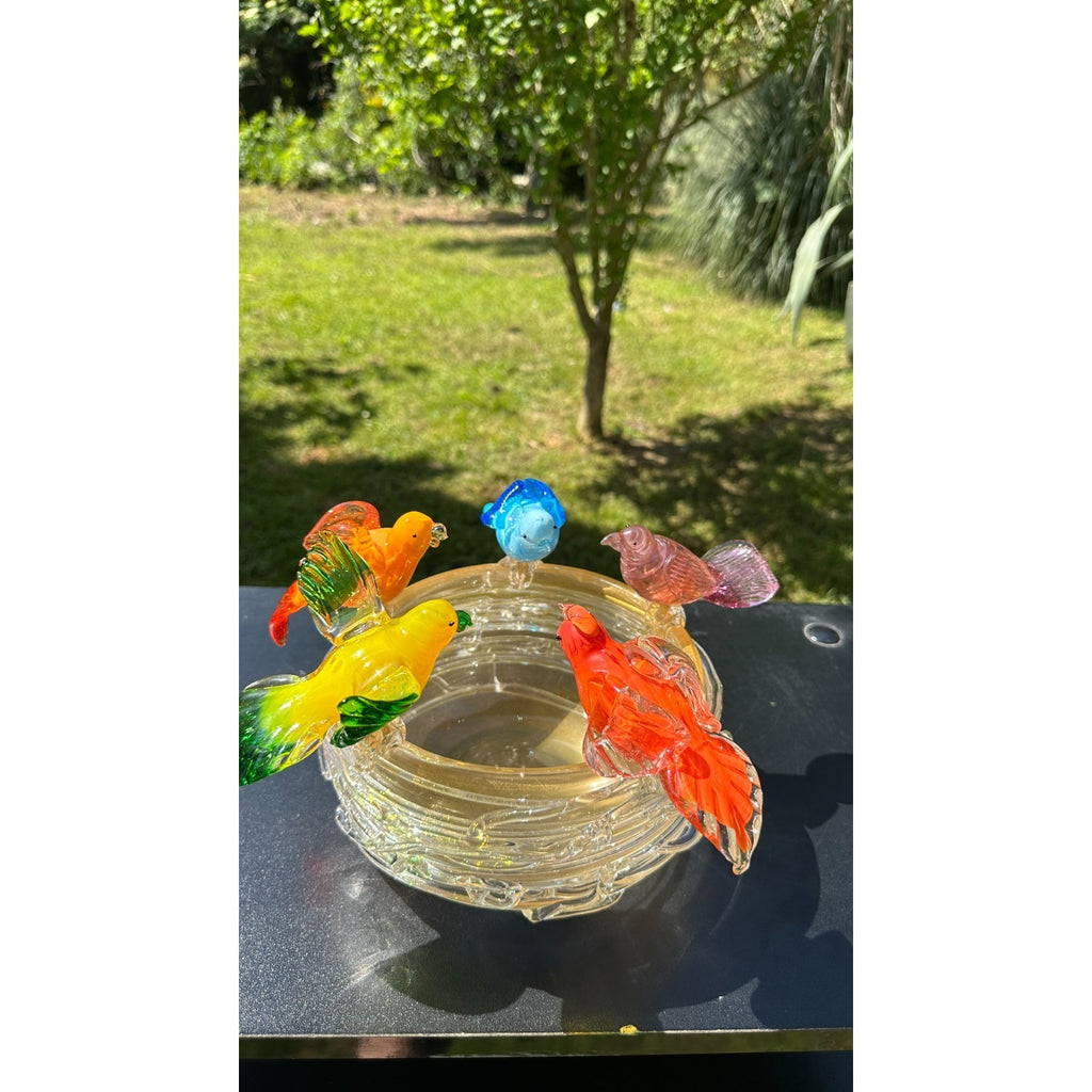 Murano Glass Bird Bath Nest Bowl 5 Multicolor Removable Songbirds Centerpiece