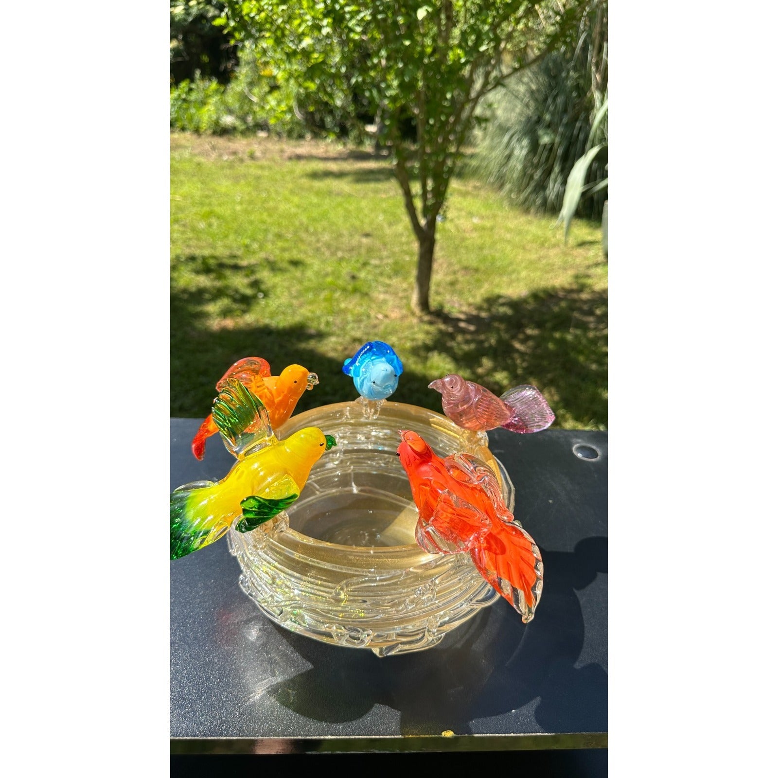 Murano Glass Bird Bath Nest Bowl 5 Multicolor Removable Songbirds Centerpiece