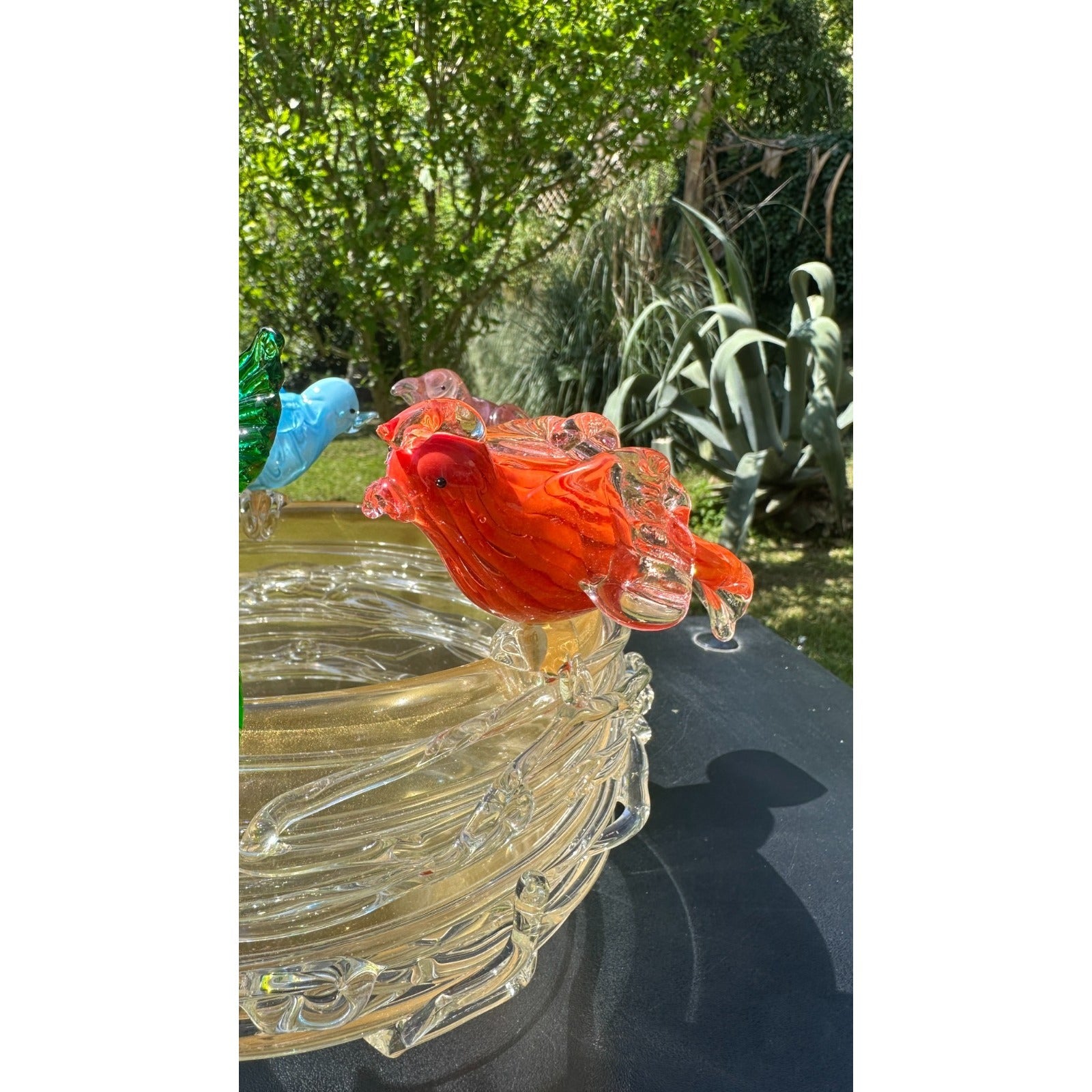 Murano Glass Bird Bath Nest Bowl 5 Multicolor Removable Songbirds Centerpiece