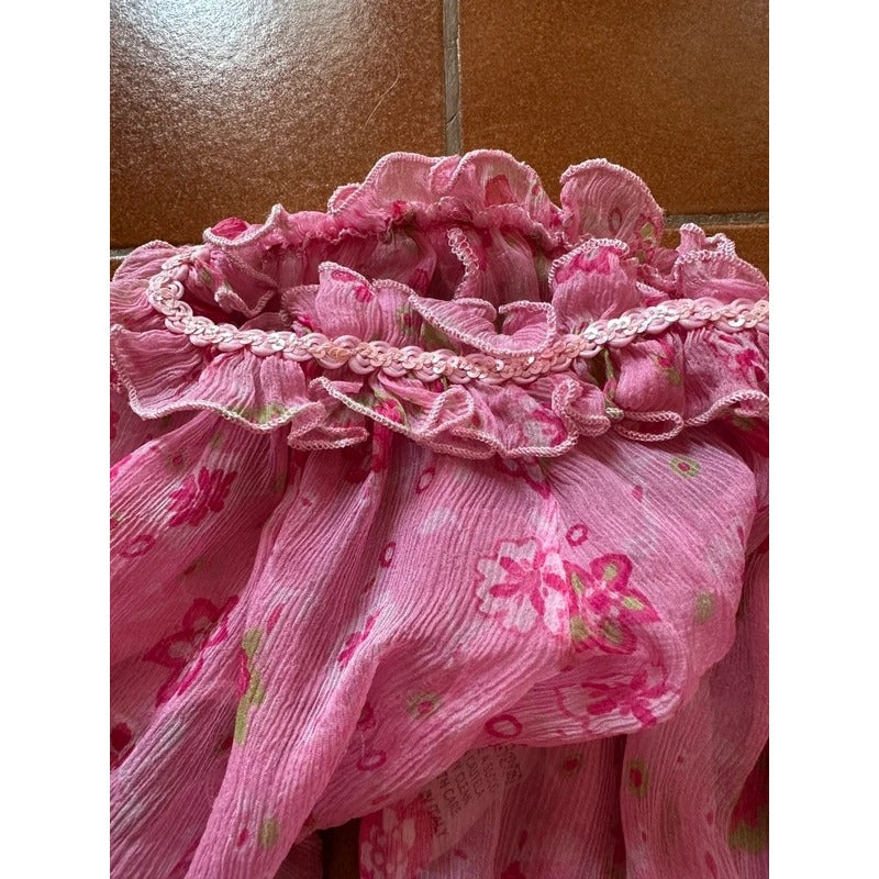 Vestito Vintage Fairycore Coquette in Seta Rosa a Balze Floreale Tg M