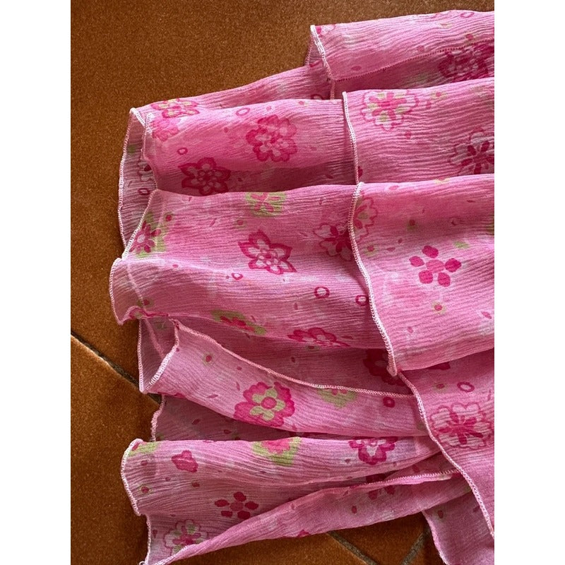 Vestito Vintage Fairycore Coquette in Seta Rosa a Balze Floreale Tg M