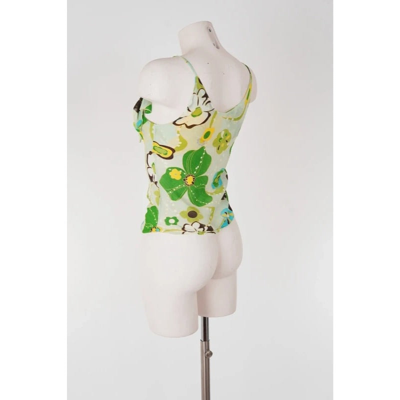 Top Vintage Seta Verde Floreale Y2K Fairycore Boho Coquette Volant S