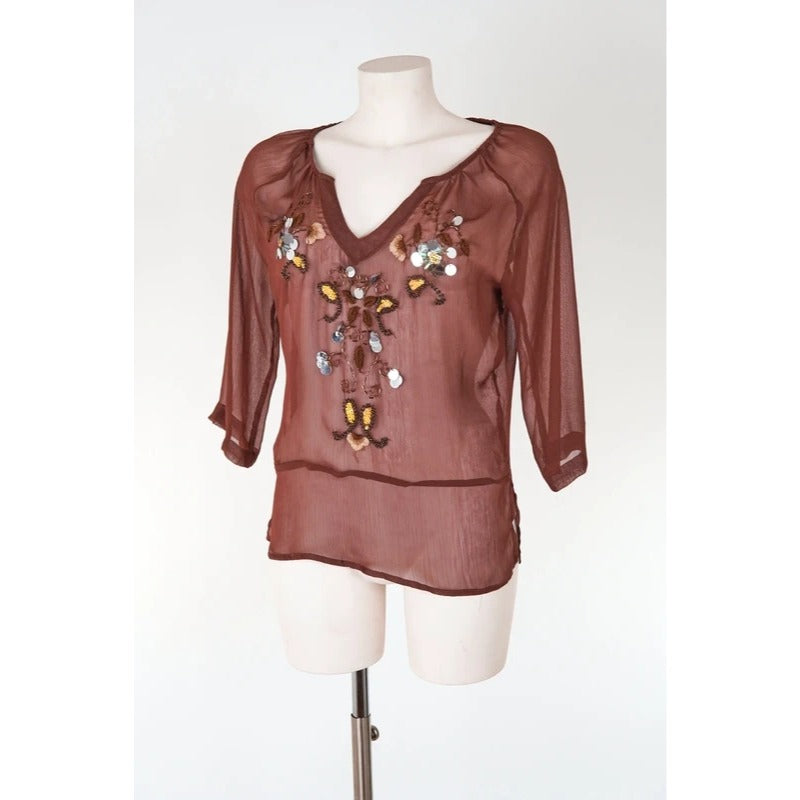 Blusa vintage Yes Miss seta misto ricami paillettes marrone taglia M