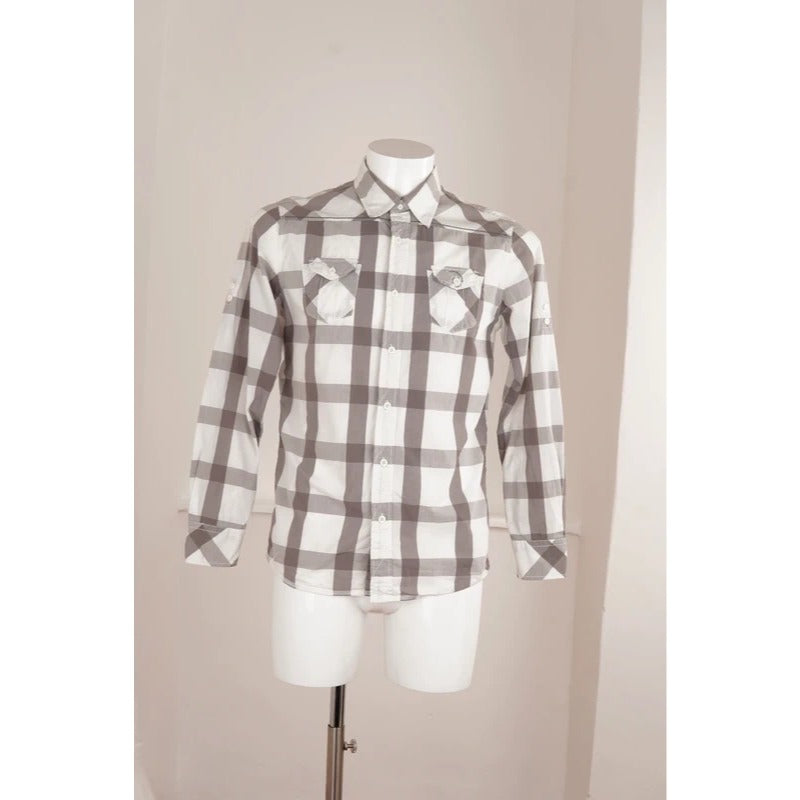 Camicia Vintage Blend Quadri Grigio Bianco Cotone Casual Uomo M