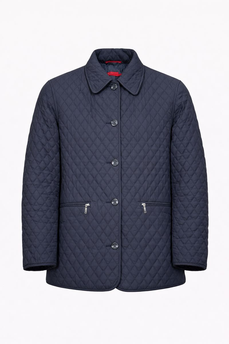Vintage Elegant Project Quilted Jacket – Navy Blue Polyester Coat Size L