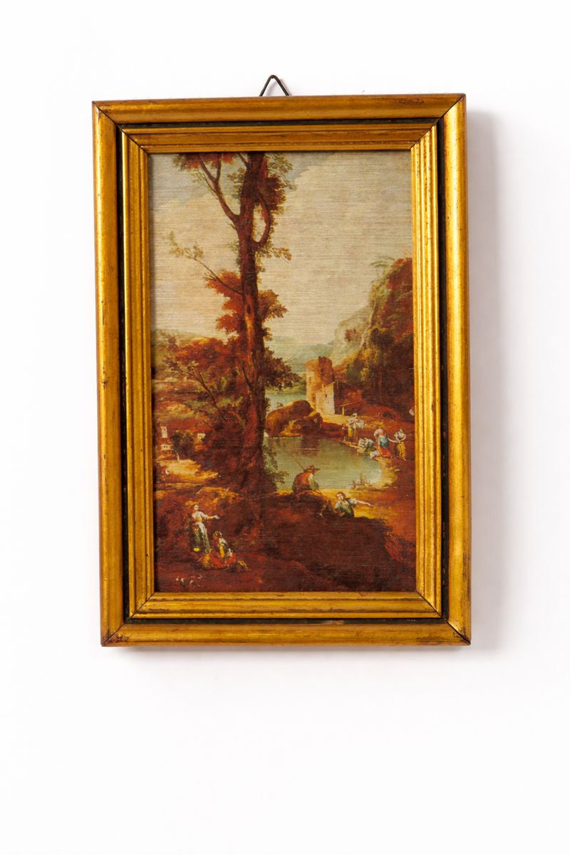 Vintage 1980s Italian Landscape Print – Made in Italy , Gilt Wooden Frame