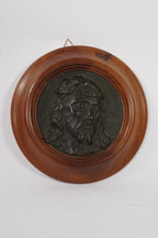 Vintage Religious Wall Plaque – Relief of Christ’s Face in Wood & Metal, Ø 21.5 cm