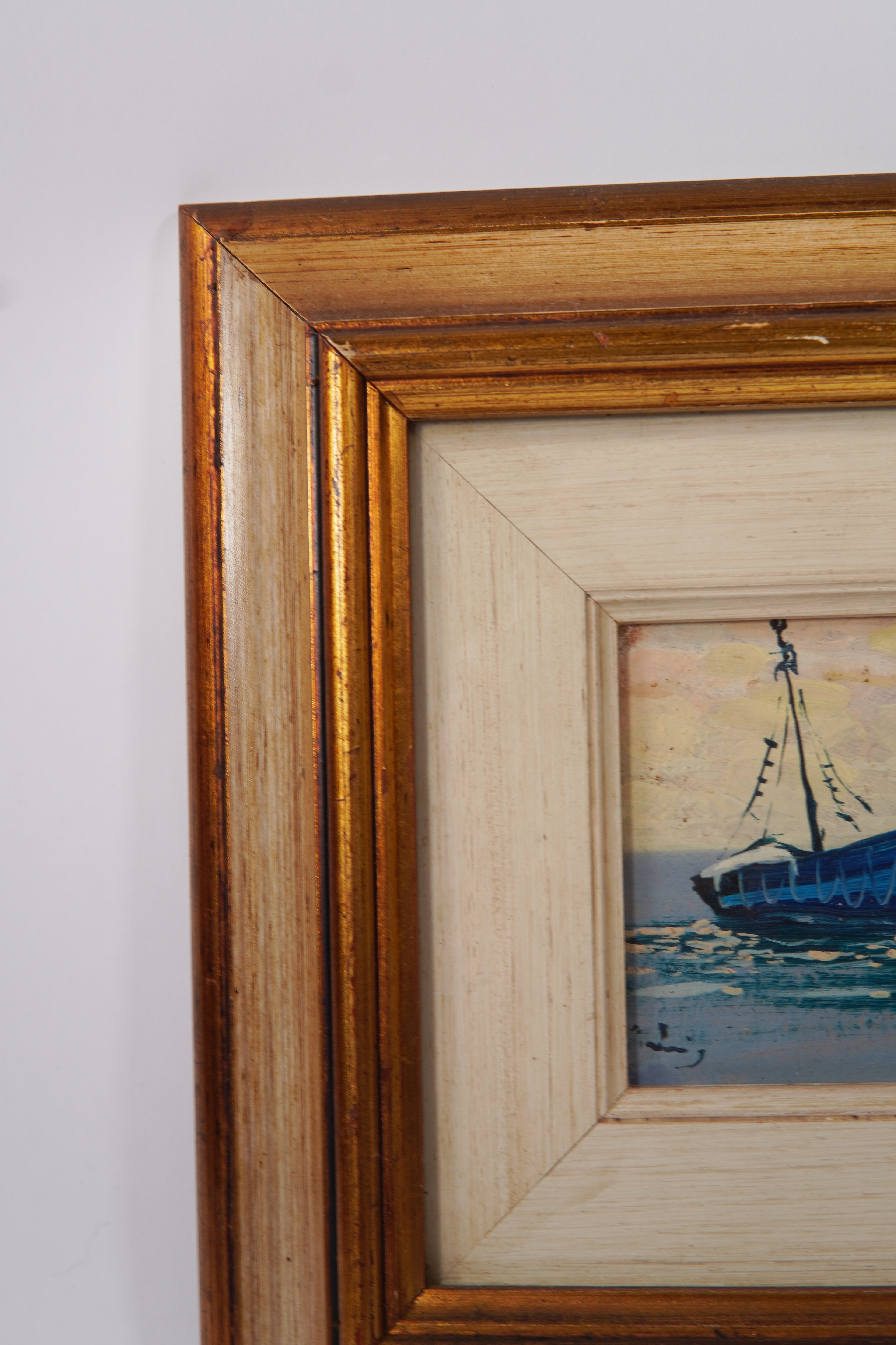 Vintage Italian Nautical Painting with Fishing Boats – Framed, 1980s, Made in Italy