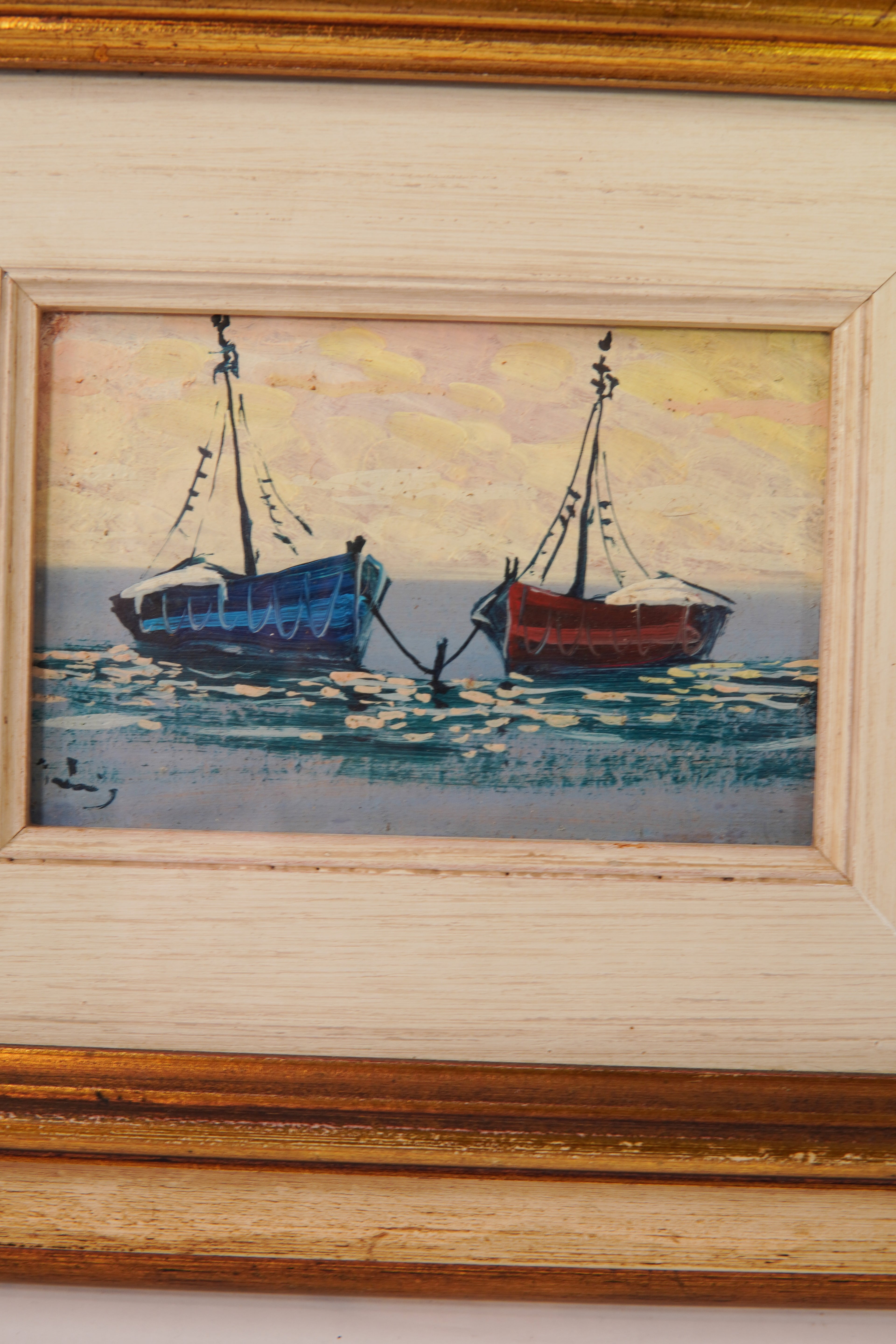 Vintage Italian Nautical Painting with Fishing Boats – Framed, 1980s, Made in Italy
