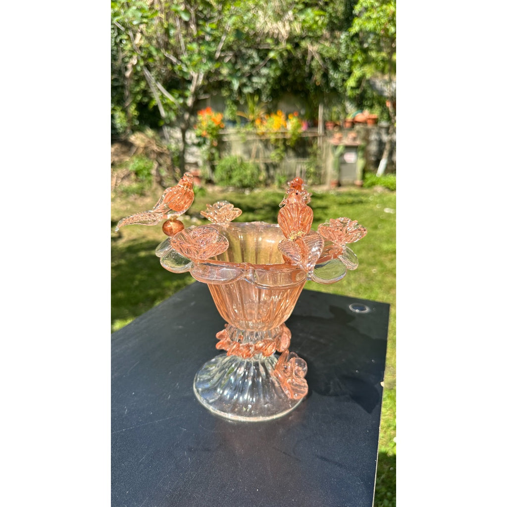 Murano Glass Bowl Pink Rose Gold Bird Bath Pedestal 3 Removable Birds