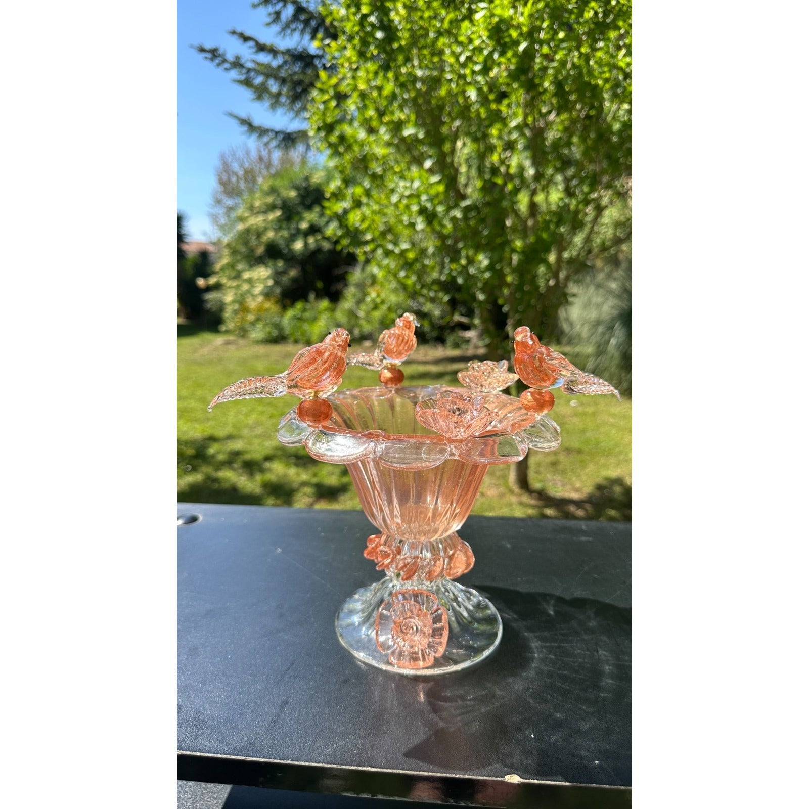Murano Glass Bowl Pink Rose Gold Bird Bath Pedestal 3 Removable Birds