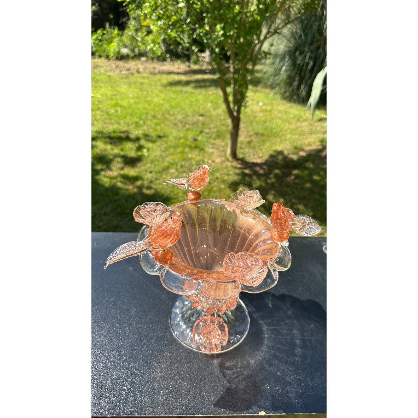 Murano Glass Bowl Pink Rose Gold Bird Bath Pedestal 3 Removable Birds