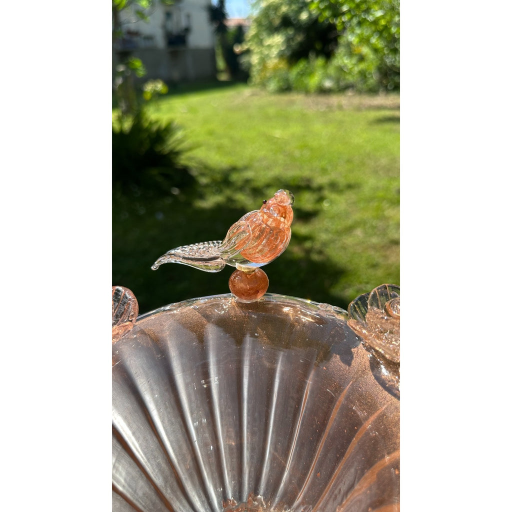 Murano Glass Bowl Pink Rose Gold Bird Bath Pedestal 3 Removable Birds