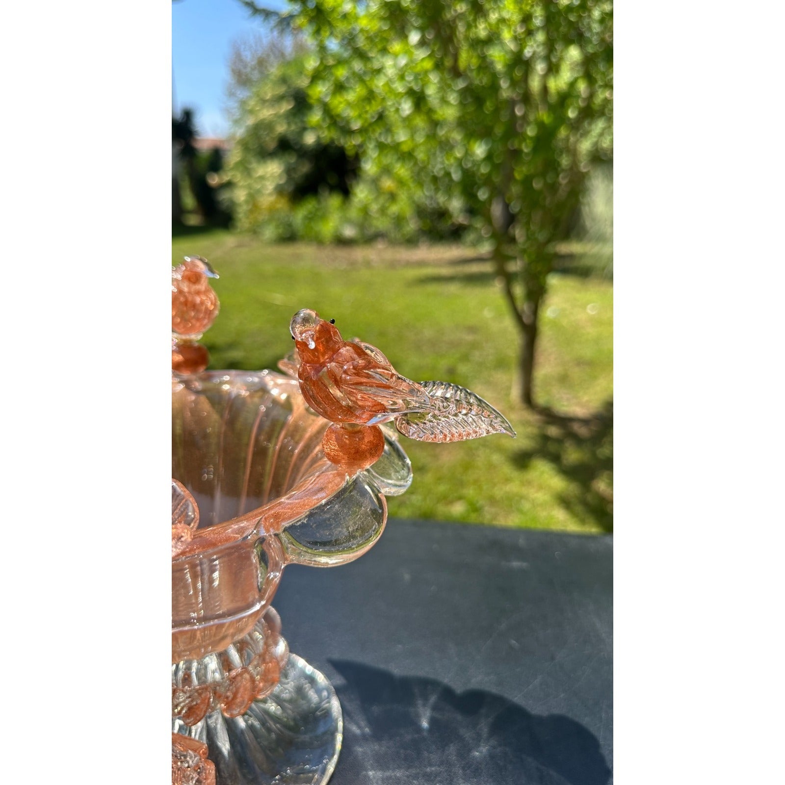 Murano Glass Bowl Pink Rose Gold Bird Bath Pedestal 3 Removable Birds