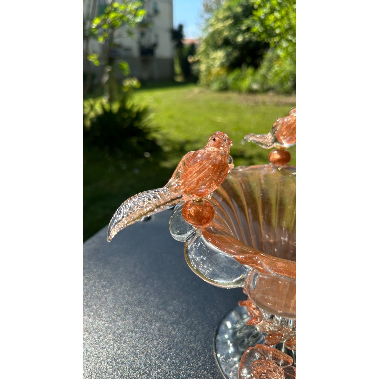 Murano Glass Bowl Pink Rose Gold Bird Bath Pedestal 3 Removable Birds