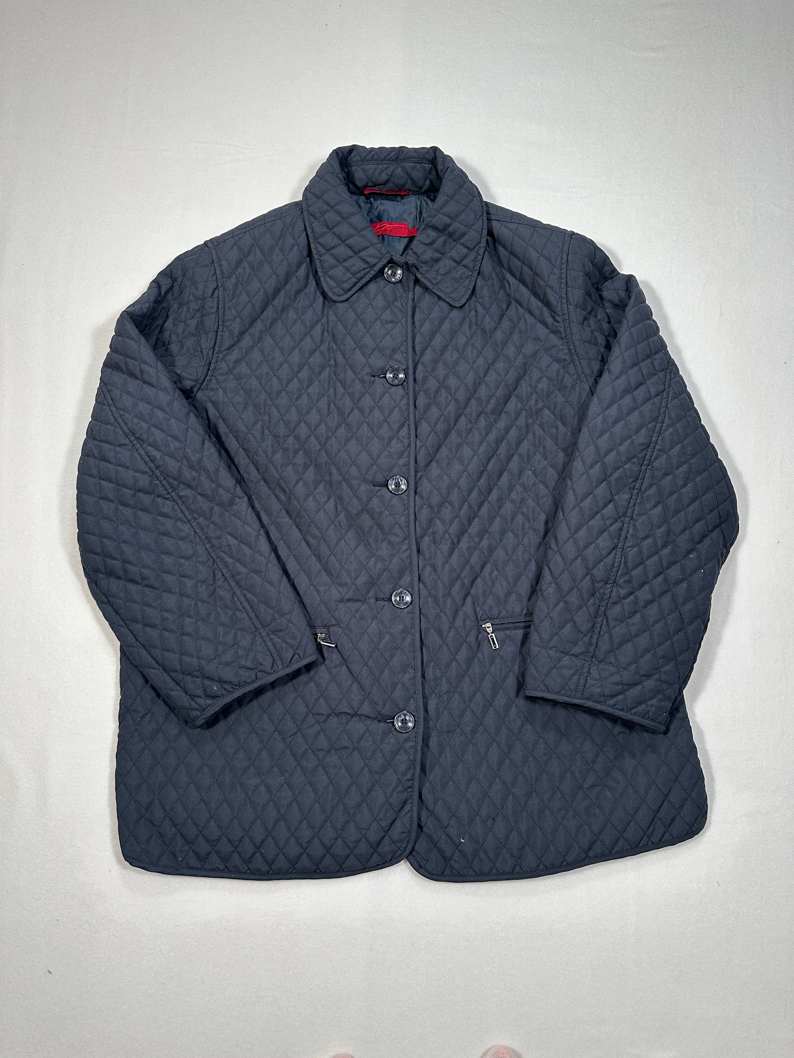 Vintage Elegant Project Quilted Jacket – Navy Blue Polyester Coat Size L