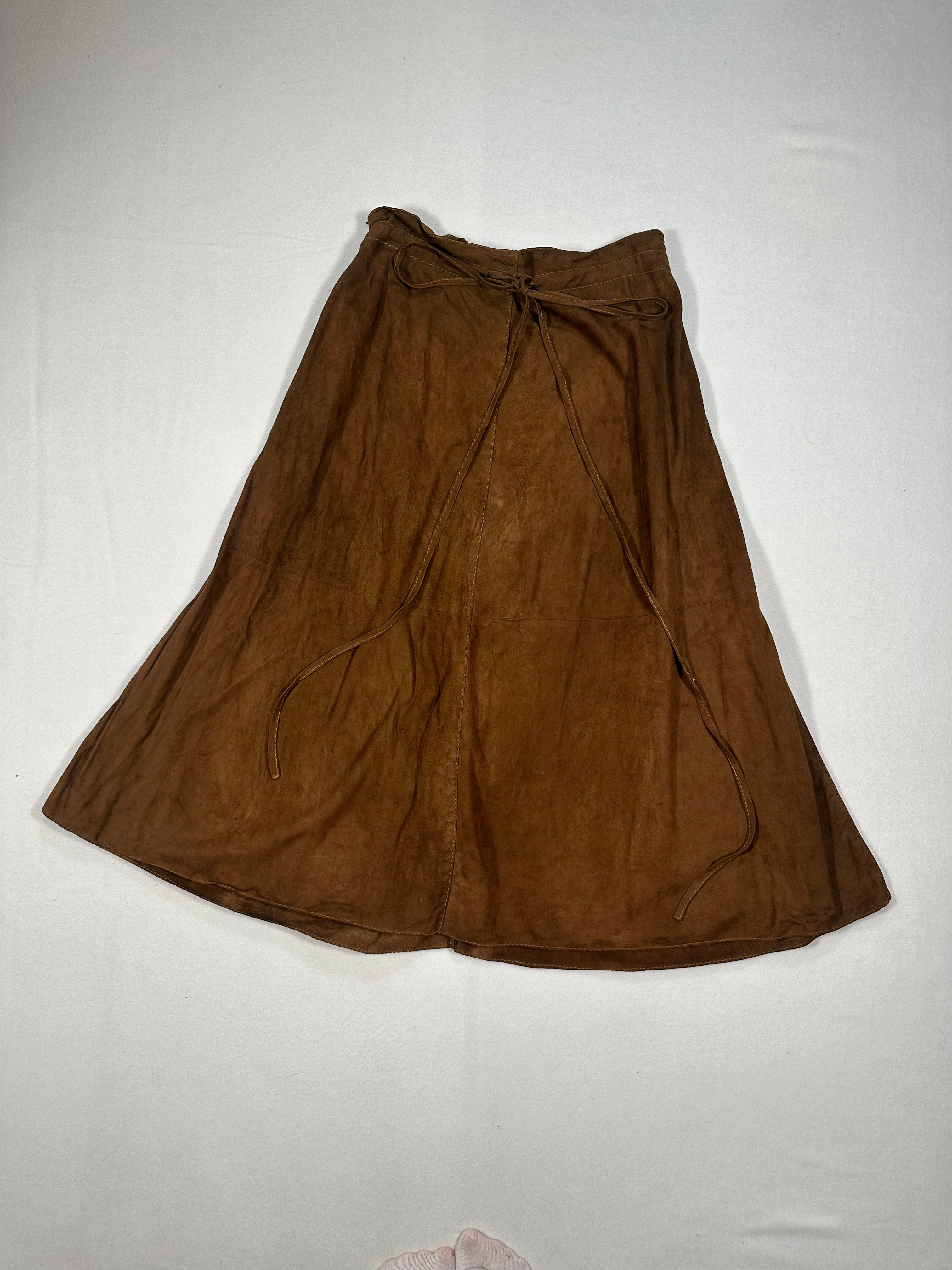 Vintage Brown Suede Leather Wrap Skirt with Tie Waist & Pockets – Made in Italy