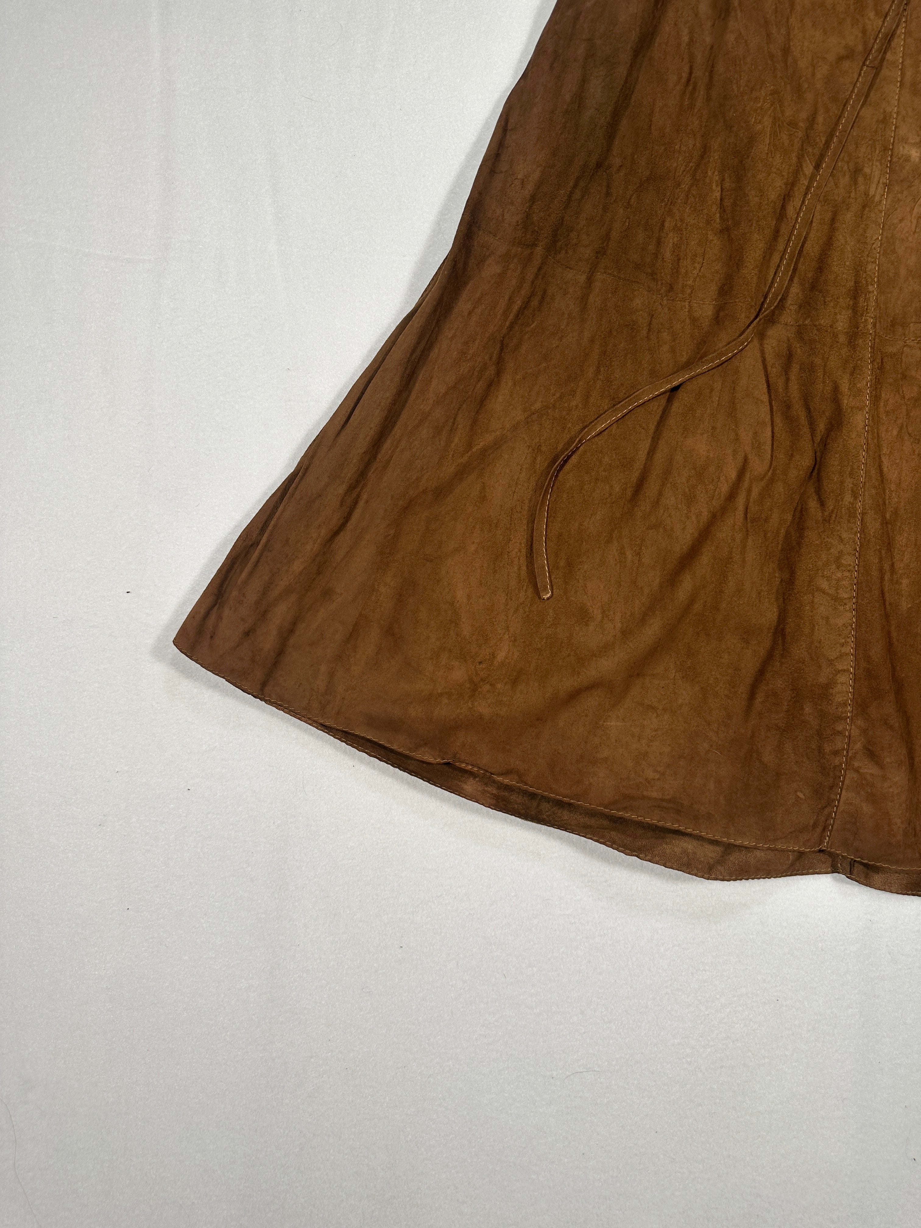 Vintage Brown Suede Leather Wrap Skirt with Tie Waist & Pockets – Made in Italy