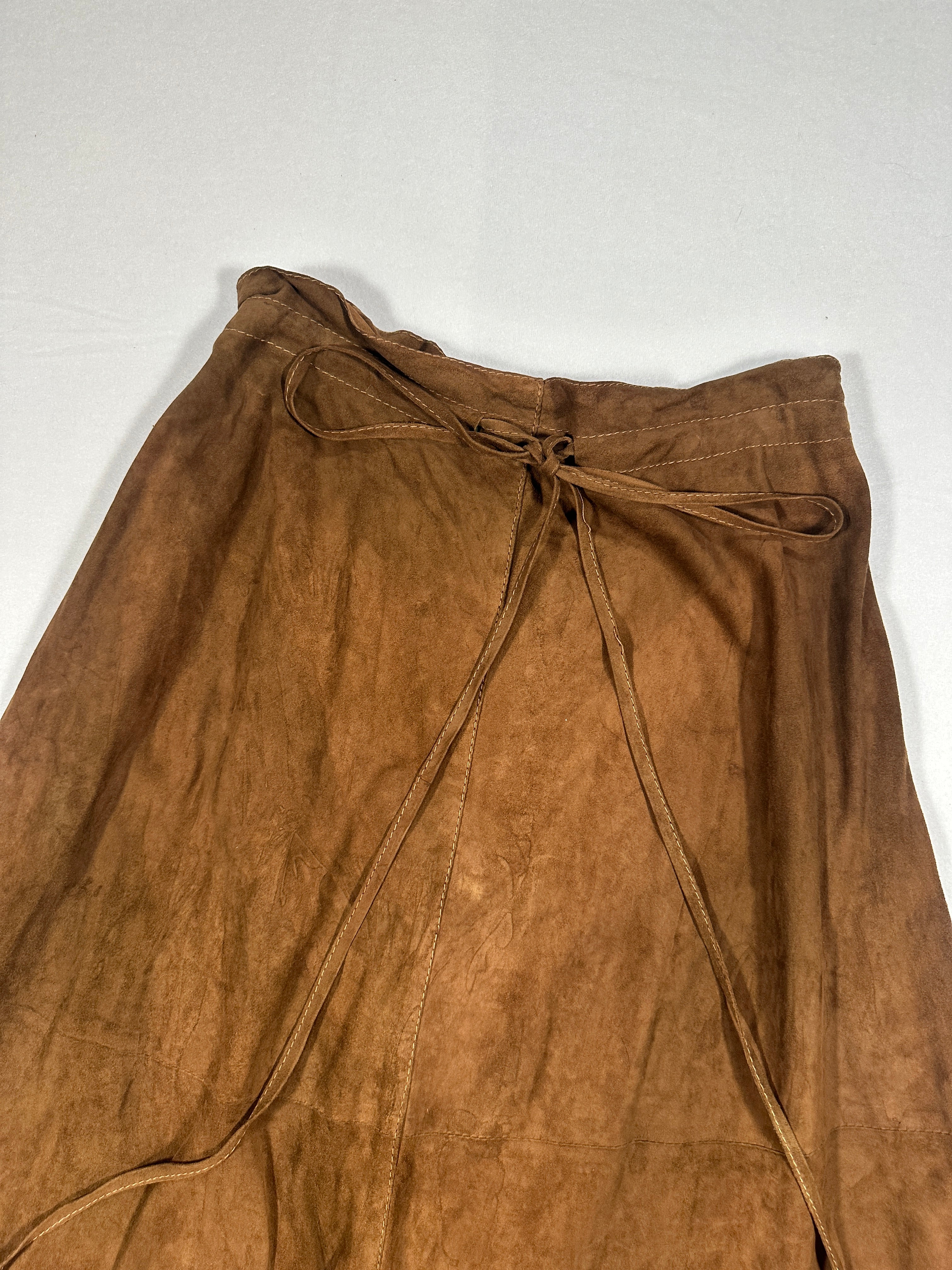Vintage Brown Suede Leather Wrap Skirt with Tie Waist & Pockets – Made in Italy