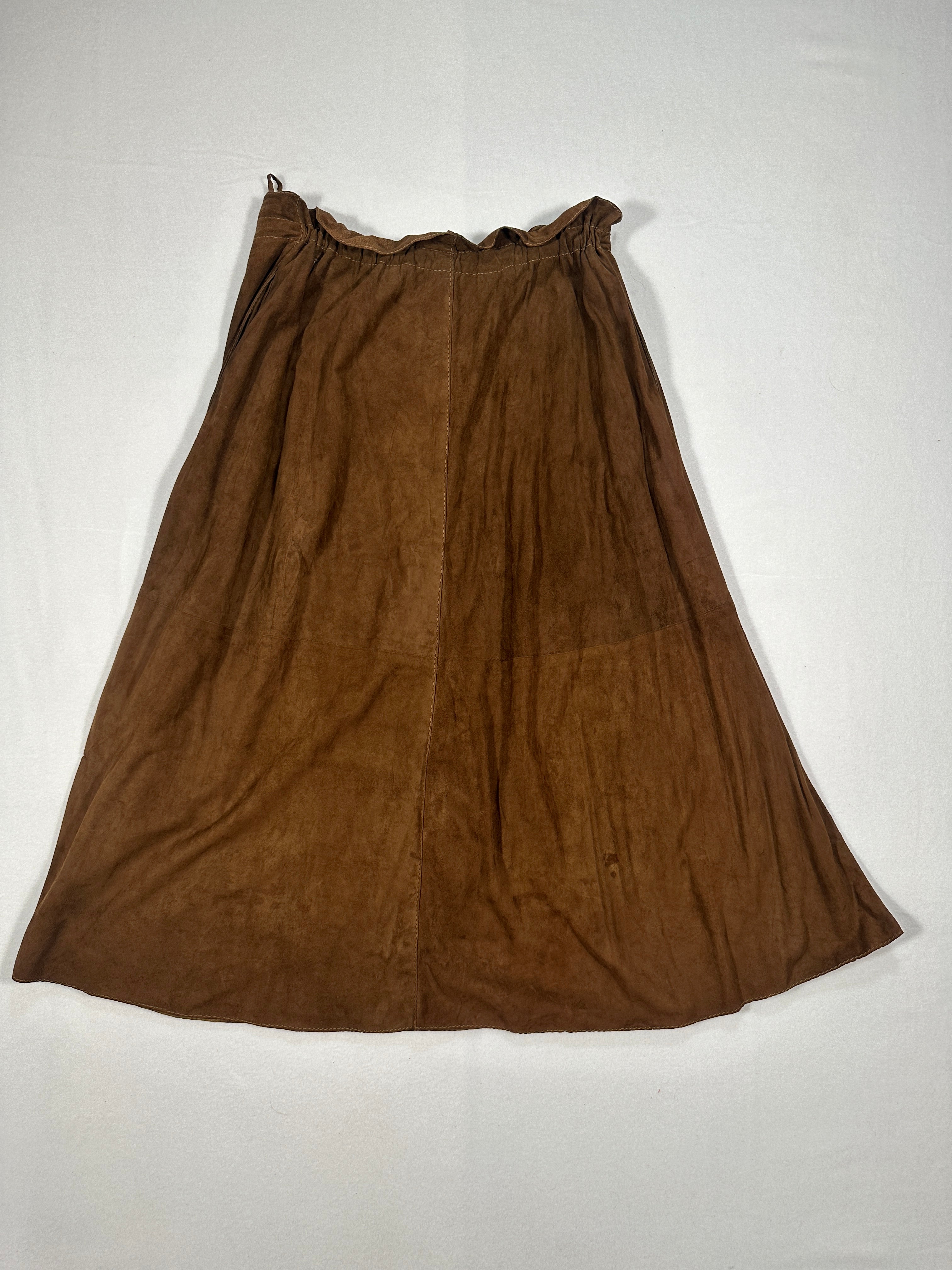 Vintage Brown Suede Leather Wrap Skirt with Tie Waist & Pockets – Made in Italy