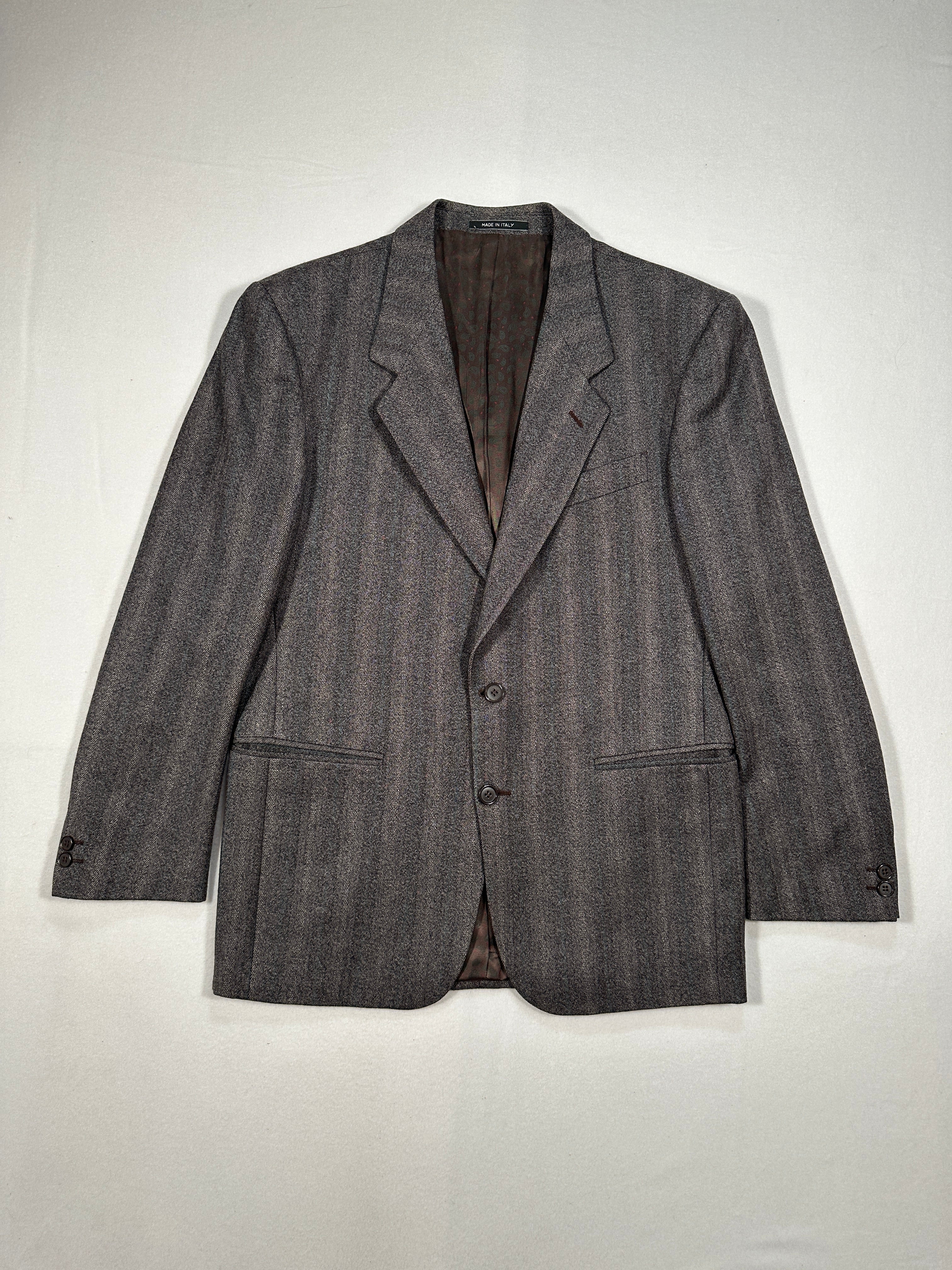 Vintage Bianchi Grey Herringbone Wool Blazer – Single-Breasted, Notch Lapel, Made in Italy