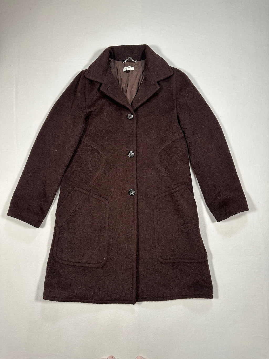 Woman's Agnona Vintage Brown Wool Coat – Single-Breasted Tailored Long Coat, Made in Italy (IT 40 / S)