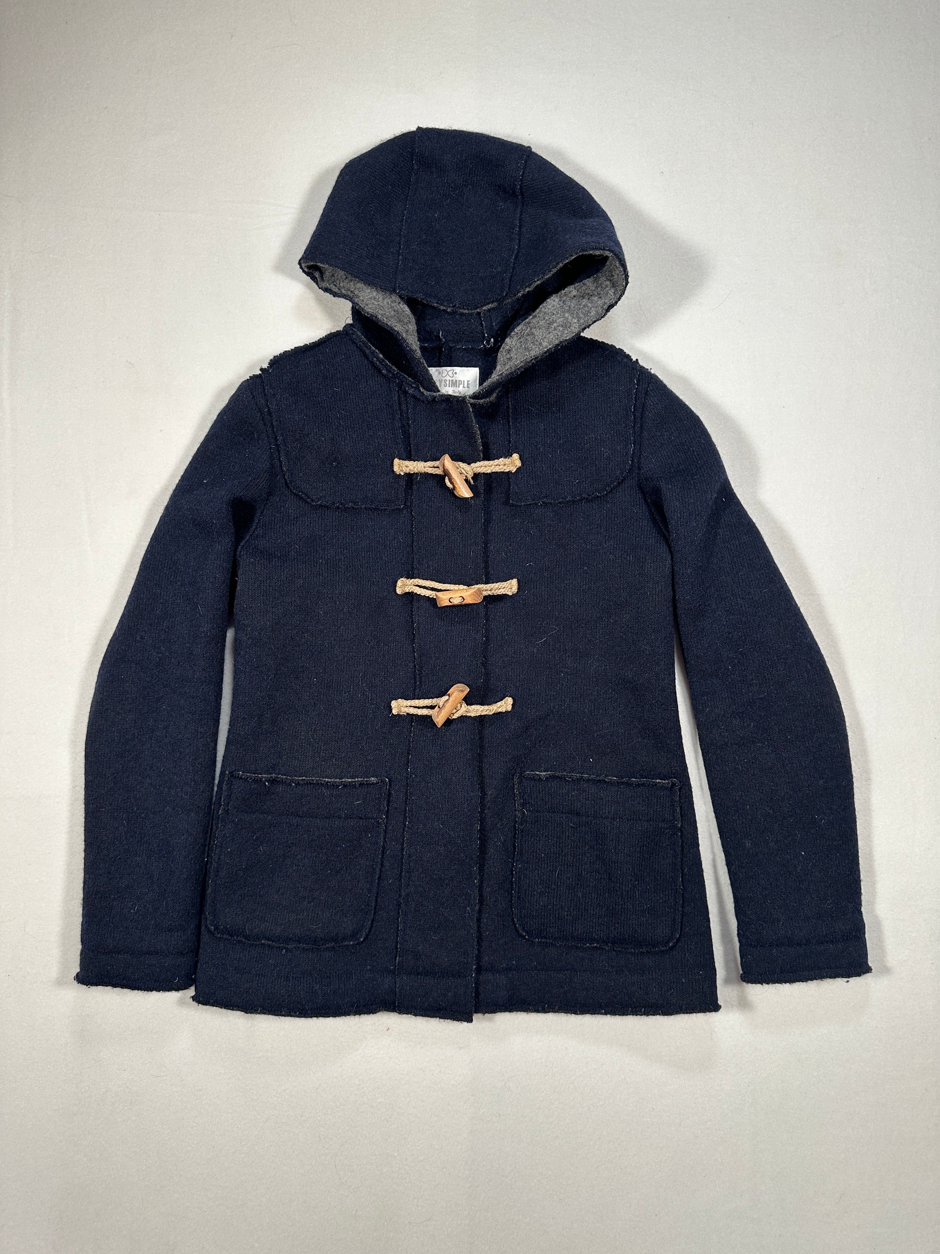 Women’s Wool Blend Duffle Coat – Navy Hooded Toggle Coat, Single-Breasted, Made in Italy Size M