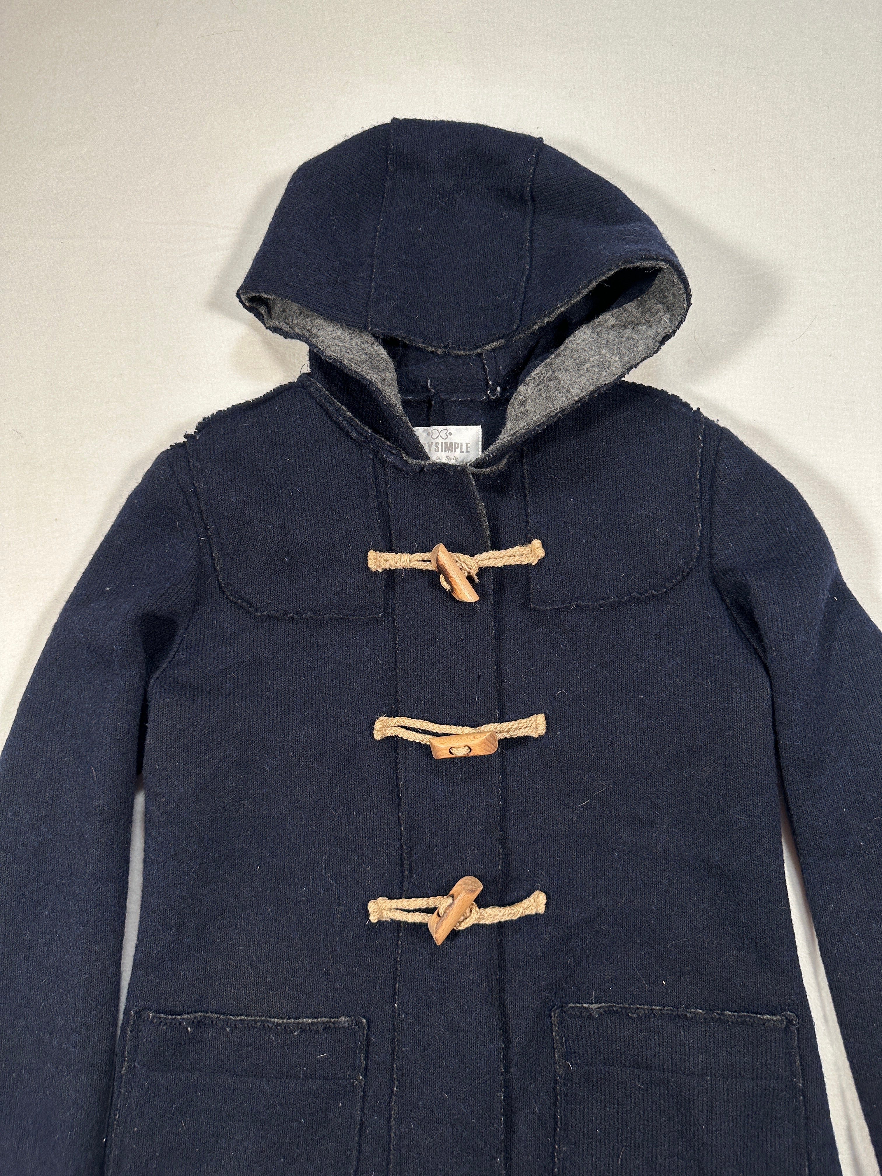 Women’s Wool Blend Duffle Coat – Navy Hooded Toggle Coat, Single-Breasted, Made in Italy Size M