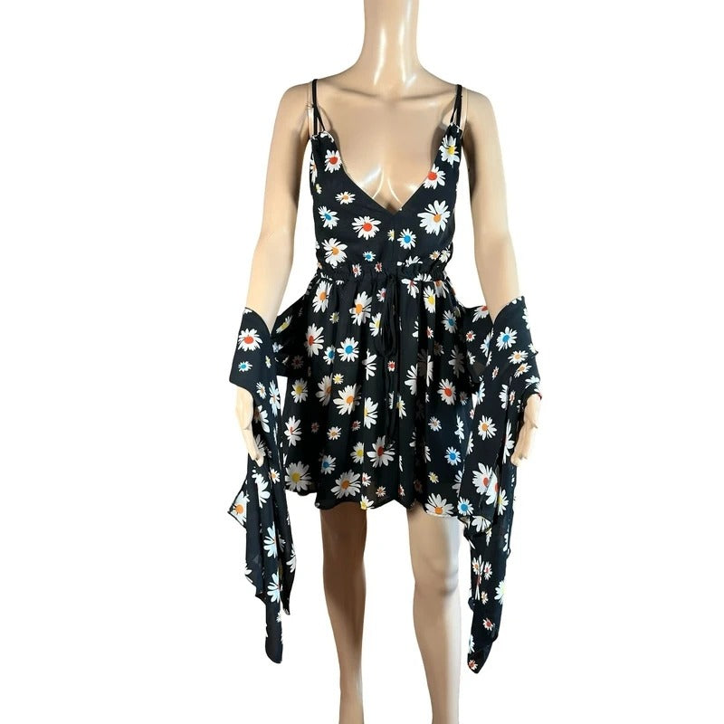 Vestito mini nero fantasia margherite Y2K cottagecore S/M