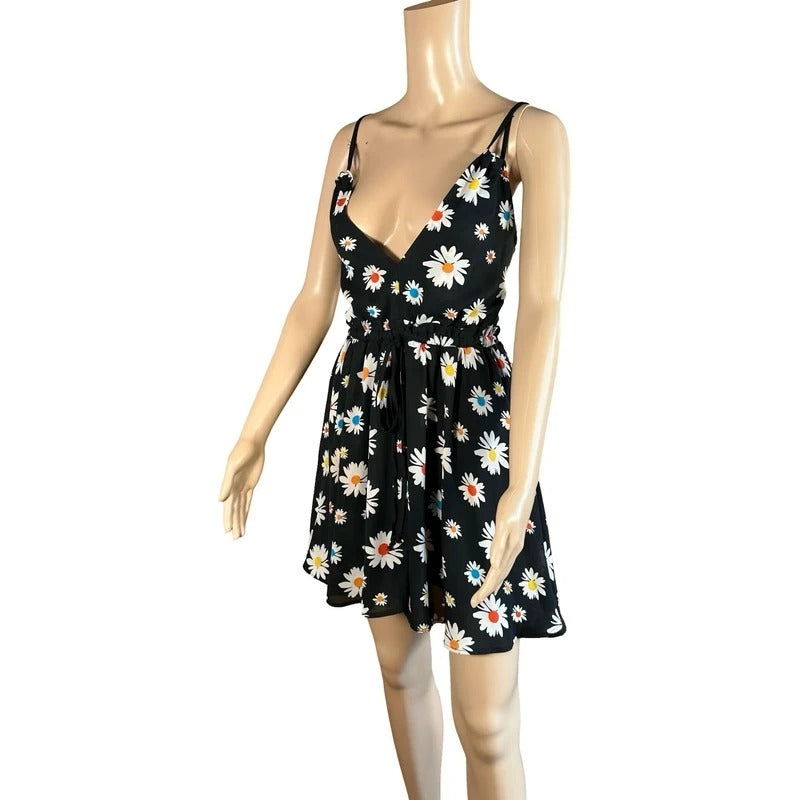 Vestito mini nero fantasia margherite Y2K cottagecore S/M