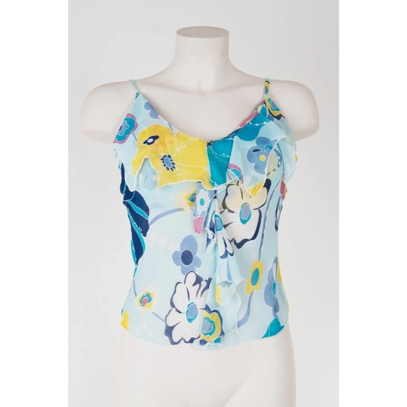 Top Vintage Seta Azzurro Floreale Y2K Fairycore Coquette Boho Volant S