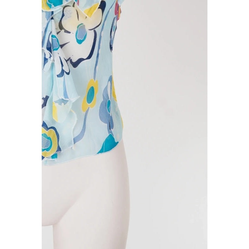 Top Vintage Seta Azzurro Floreale Y2K Fairycore Coquette Boho Volant S