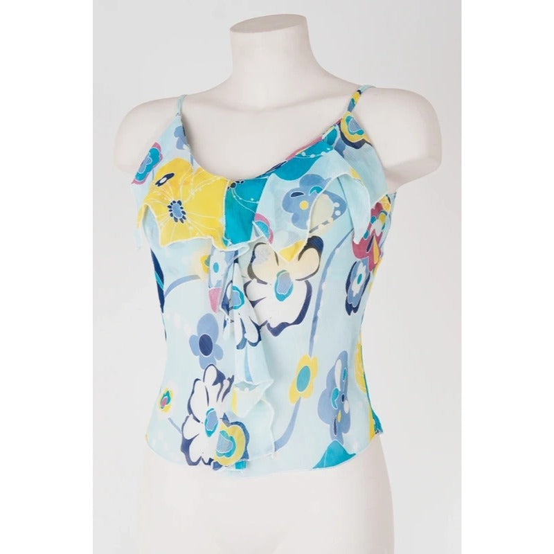Top Vintage Seta Azzurro Floreale Y2K Fairycore Coquette Boho Volant S