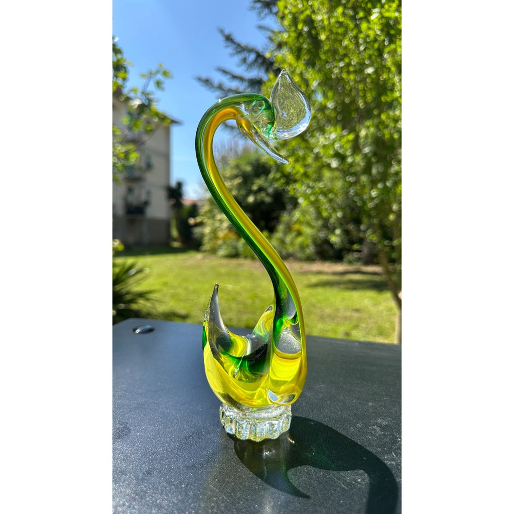 Murano Glass Yellow Green Swan Figurine Hand Blown Art Glass Sculpture Italy