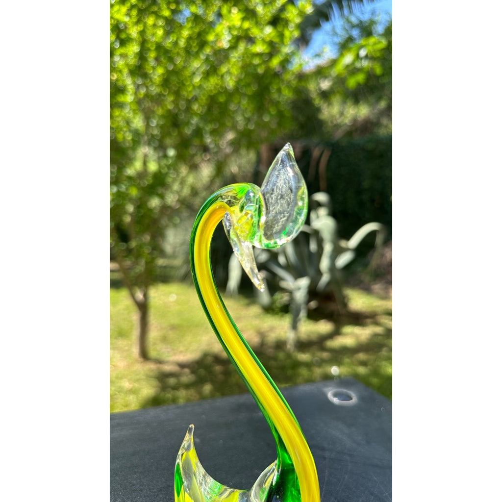 Murano Glass Yellow Green Swan Figurine Hand Blown Art Glass Sculpture Italy