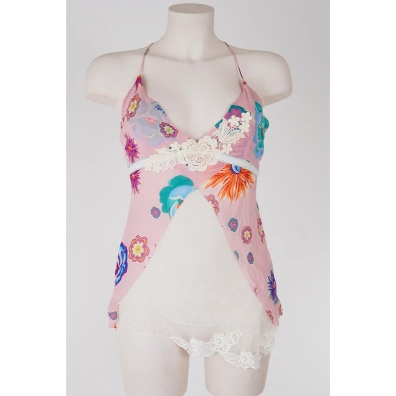 Top Vintage Y2K Seta Rosa Floreale Fairycore Coquette Schiena Aperta S